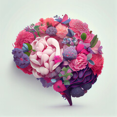 Human brain intertwined with delicate flowers. Unique combination of organic and anatomical elements. 3d rendering composition for World mental health day, neurology, psychology science, creativity
