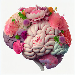 Human brain with colorful flowers. Isolated 3d unique and creative psychology representation of delicate balance between power and fragility of human mind. Mental health awareness, positive thinking