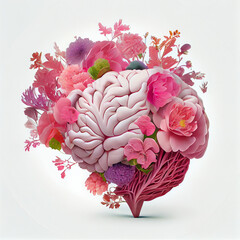 Brain with flowers 3d, mental health, good mood concept. Human cranium with crincles and bright blooming blossoms and wildflowers. Creativity, imagination, connection of nature and mind, neuroscience