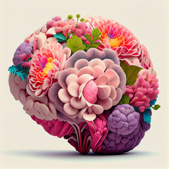 Human brain merged with flowers. 3d render concept fusion of science and nature. Artistic medical creative or educational content. Mental health, floral brain Collage, realistic art for spa, neurology
