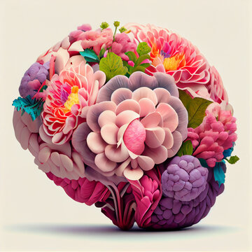 Human brain merged with flowers. 3d render concept fusion of science and nature. Artistic medical creative or educational content. Mental health, floral brain Collage, realistic art for spa, neurology