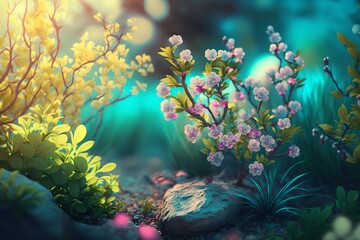 Beautiful Spring flowers background, Blooming colorful flowers field. Generative Ai