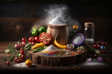 Colorful Abstract Generative A.I Cooking Ingredients On a Wooden Table 