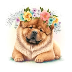 Chow chow puppy dog in a floral crown made of spring flowers. Cartoon character for postcard, birthday, nursery decor. Generative AI.