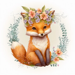Smiling baby fox in a floral crown made of spring flowers. Cartoon character for postcard, birthday, nursery decor. Generative AI.