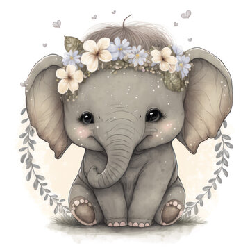 Smiling baby elephant in a floral crown made of spring flowers. Cartoon character for postcard, birthday, nursery decor. Generative AI.
