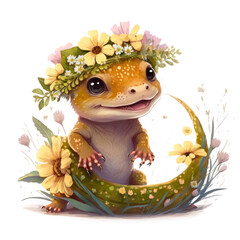 Smiling baby salamander in a floral crown made of spring flowers. Cartoon character for postcard, birthday, nursery decor. Generative AI.
