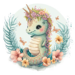 Smiling baby sea horse in a floral crown made of spring flowers. Cartoon character for postcard, birthday, nursery decor. Generative AI.