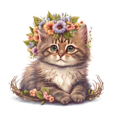 Siberian kitten in a floral crown made of spring flowers. Cartoon character for postcard, birthday, nursery decor. Generative AI.
