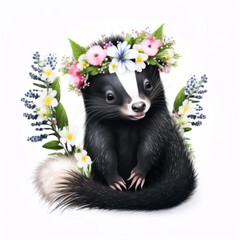 Smiling baby skunk in a floral crown made of spring flowers. Cartoon character for postcard, birthday, nursery decor. Generative AI.