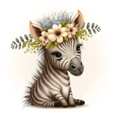 Cute baby zebra in a floral crown made of spring flowers. Cartoon character for postcard, birthday, nursery decor. Generative AI.