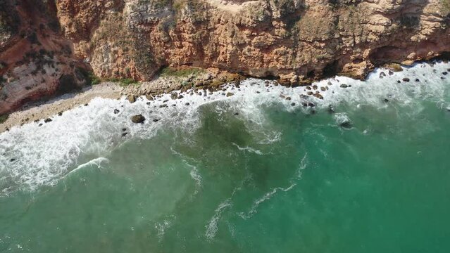 AERIAL view of monumental historical town of Kaliakra Unesco world heritage.powerful waves of sea . Flying above archeological ruins of cape Kaliakra, Bulgaria