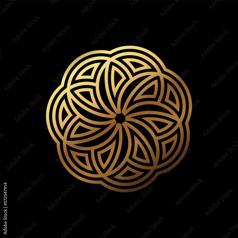 Poster Abstract Circular Geometric Symbol Design with Modern Style and Shinny Golden Color. Isolated on Black Background.
