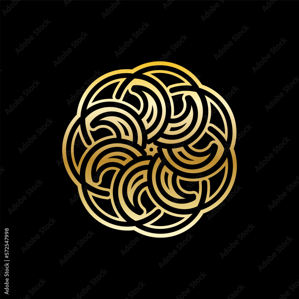 Poster Abstract Circular Geometric Symbol Design with Modern Style and Shinny Golden Color. Isolated on Black Background.
