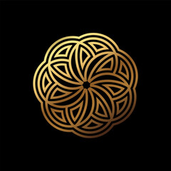 Abstract Circular Geometric Symbol Design with Modern Style and Shinny Golden Color. Isolated on Black Background.