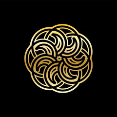 Abstract Circular Geometric Symbol Design with Modern Style and Shinny Golden Color. Isolated on Black Background.