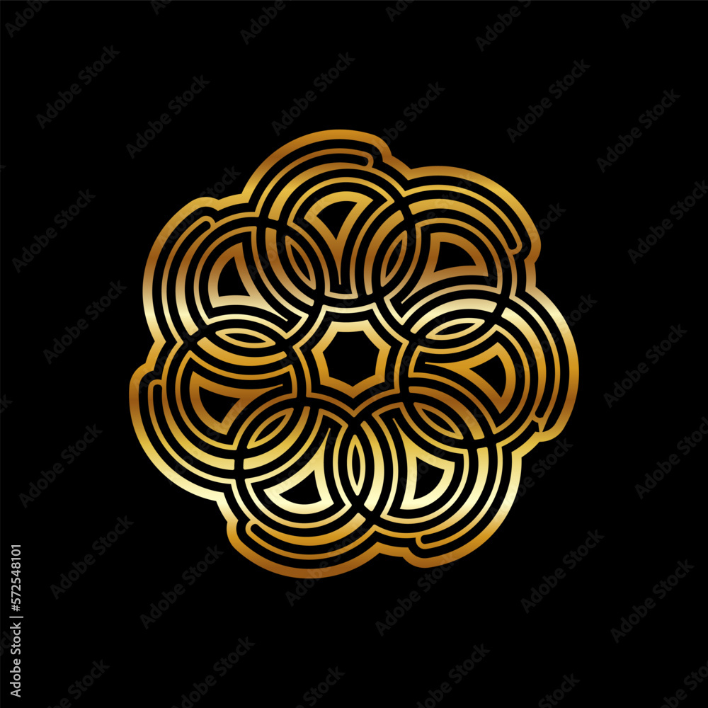 Poster abstract circular geometric symbol design with modern style and shinny golden color. isolated on bla