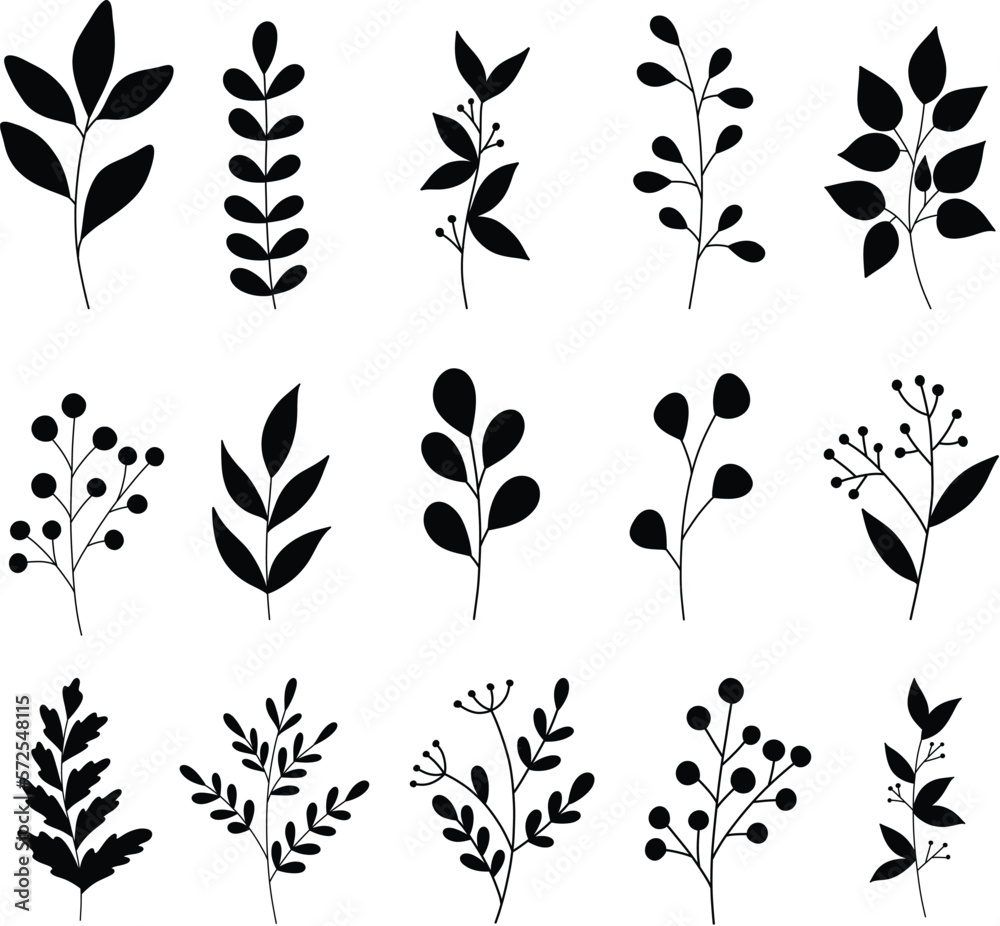 Wall mural Spring Botanical leaves and flowers elements isolated vector Silhouettes - Wall murals