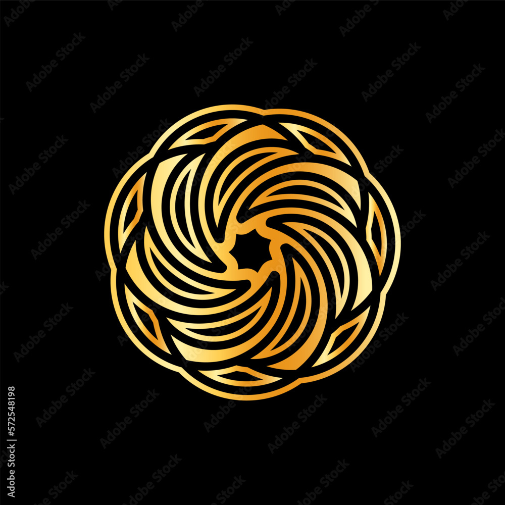 Poster Abstract Circular Geometric Symbol Design with Modern Style and Shinny Golden Color. Isolated on Black Background.