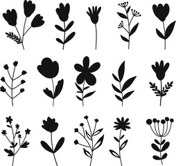 Spring Botanical leaves and flowers elements isolated vector Silhouettes