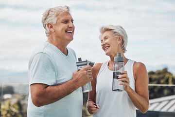 Senior couple, fitness and water bottle with smile for hydration or thirst after workout, exercise...