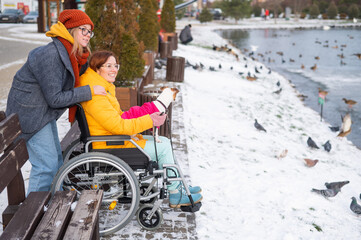 A woman in a wheelchair walks with her friend and a dog by the lake in winter.