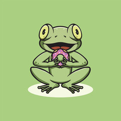 Cute frog eating donut cartoon illustration