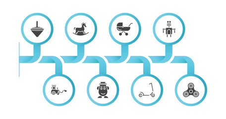 editable filled icons with infographic template. infographic for toys concept. included spinning top toy, rocking horse toy, pram toy, robot digger mrs potato skate spinner icons.