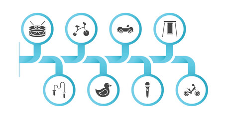 editable filled icons with infographic template. infographic for toys concept. included drum toy, tricycle toy, cart toy, swing skipping rope duck microphone ride on icons.