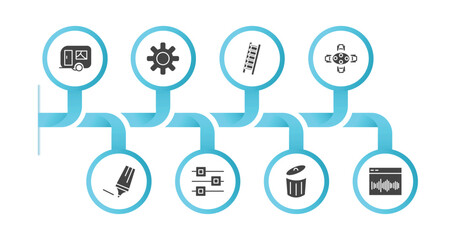 editable filled icons with infographic template. infographic for tools and utensils concept. included house on wheels, , hanging ladder, dining, highlight, edit tools, trash can open, sound wave