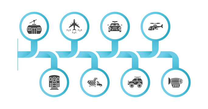editable filled icons with infographic template. infographic for transportation concept. included chairlift, airliner, sports car, military helicopter, , haul, all terrain, dirigible icons.