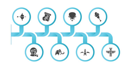 editable filled icons with infographic template. infographic for stone age concept. included bow and arrow, dried insect in amber, amulet, cudgel, stonehenge, mammoth, pterodactyl, totem icons.