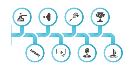 editable filled icons with infographic template. infographic for sport concept. included snowboarding, archery, tennis, trophy, snowboard, football, commentator, windsurf icons.