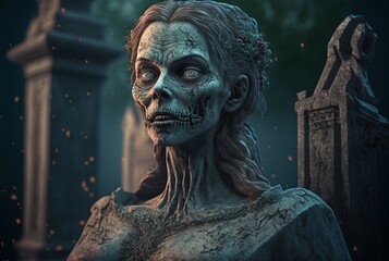 Zombie Woman on the Cemetery. Generative AI, non-existent person.	