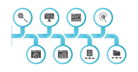 editable filled icons with infographic template. infographic for search engine optimization concept. included search engine, screen, home page, targeting, speed, graphic, sharing archives, shared