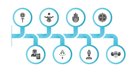 editable filled icons with infographic template. infographic for religion concept. included gticism, monk, jainism, animism, orthodox, faith, pope, ganesha icons.