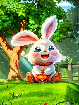 Easter bunny with easter eggs. Rabbit sitting on grass with trees. Beautiful picture of Rabbit.