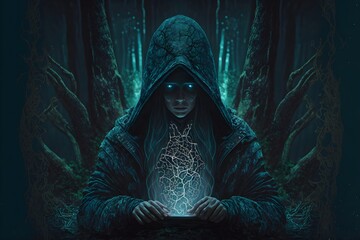 mysterious woman with the face hidden by a dark hood, sitting in a dark forest at night