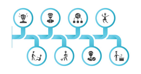 editable filled icons with infographic template. infographic for people concept. included surprised man, matrix, user sharing files, girl dancing, man lifting an old man, landkeeper, good employee,