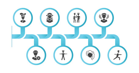 editable filled icons with infographic template. infographic for people concept. included chief, festa junina, gossip, person listening, bad employee, standing frontal man, woman hair, stretching