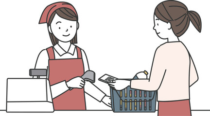 スーパーのレジカウンターでスマホ決済する女性客と女性店員