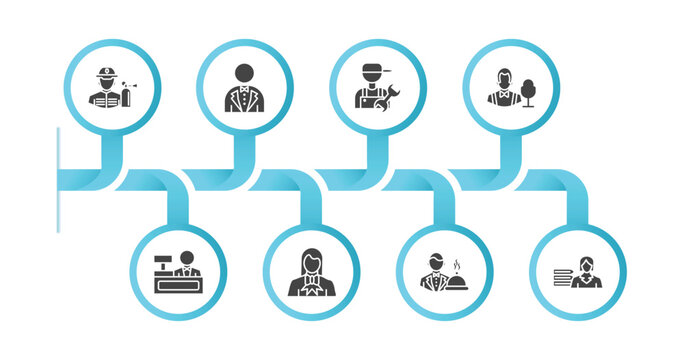 editable filled icons with infographic template. infographic for professions concept. included fireman, butler, plumber, showman, cashier, lawyer, waiter, librarian icons.