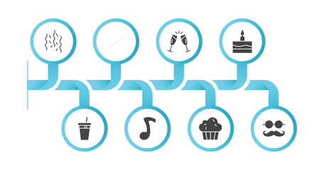 editable filled icons with infographic template. infographic for party concept. included celebration, claping hands, birthday toast, birthday cake, juice bottle with straw, big quaver, sweet cake,