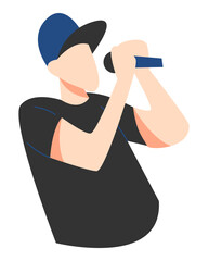 rapper wearing hat, singing in microphone. concept of concert, music, hip-hop entertainment industry. flat vector. - obrazy, fototapety, plakaty