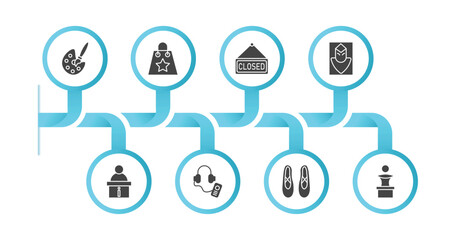 editable filled icons with infographic template. infographic for museum concept. included painting, souvenir, closed, el greco, information desk, audio guide, ballet, sculpture icons.