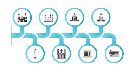 editable filled icons with infographic template. infographic for monuments concept. included saint paul, blue mosque, konark sun temple, pyongyang, , petra, pompeii,