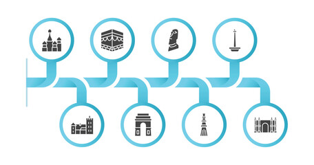 editable filled icons with infographic template. infographic for monuments concept. included russia, kaaba building, moia statues, national monument monas, bran castle, medieval, qutb minar in new