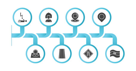 editable filled icons with infographic template. infographic for maps and flags concept. included electrocution risk, women hairstylist, locator, locato, location marker, street, narrow right lane,
