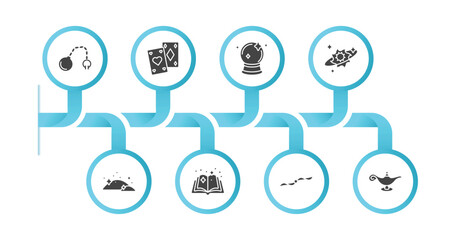 editable filled icons with infographic template. infographic for magic concept. included fetters, playing cards, crystal ball, spell, dust, magic book, handkerchief, magic lamp icons.
