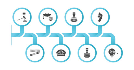 editable filled icons with infographic template. infographic for law and justice concept. included ask a lawyer, employment law, prisoner, corpse, police line, police cap, convict, intellectual